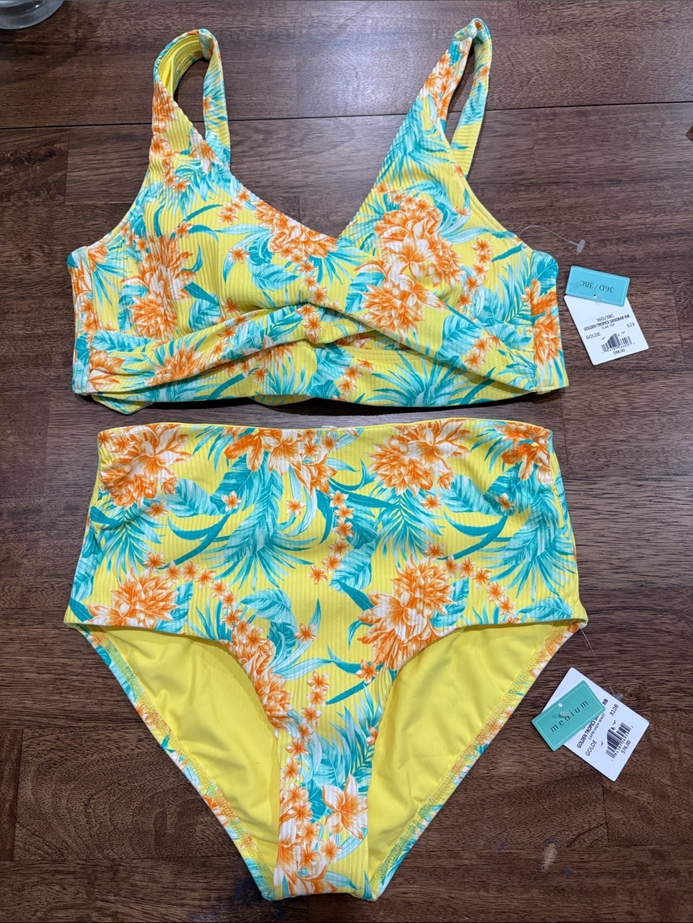 Sunsets swimsuit 2 piece set. Bikini. Golden tropics, sandbar rib high waist NWT